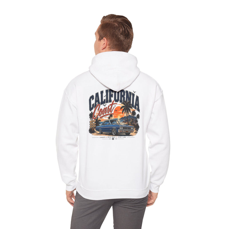 California Coast Hoodie — Vintage Car Sunset Palm Beach Graphic