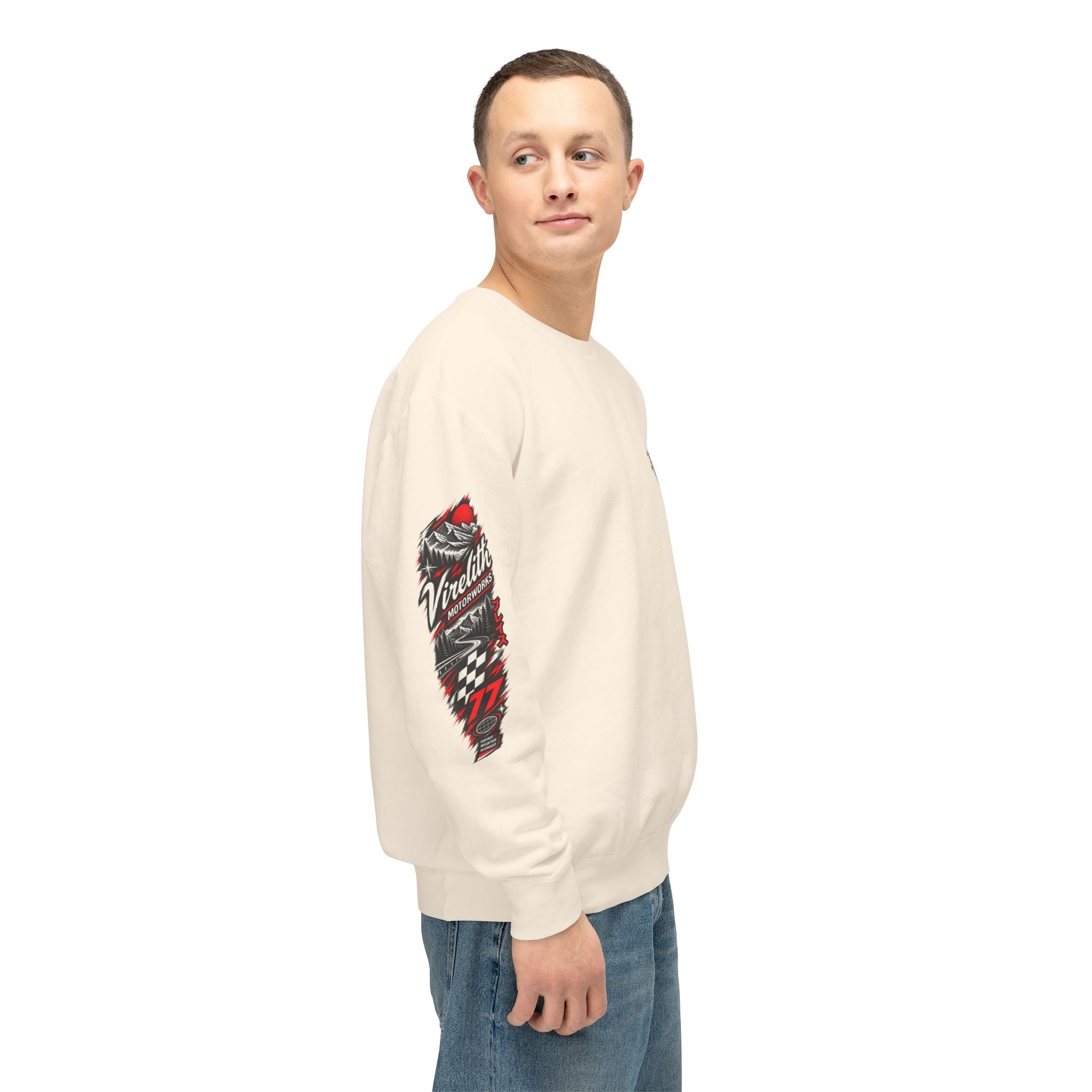 Motorworks Racing Crewneck Sweatshirt | Vintage Sleeve Graphic