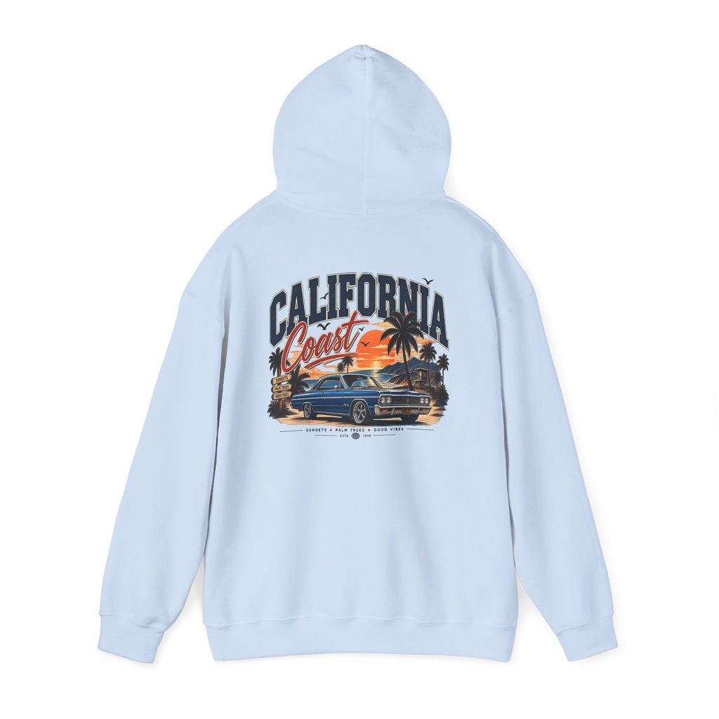 California Coast Hoodie — Vintage Car Sunset Palm Beach Graphic