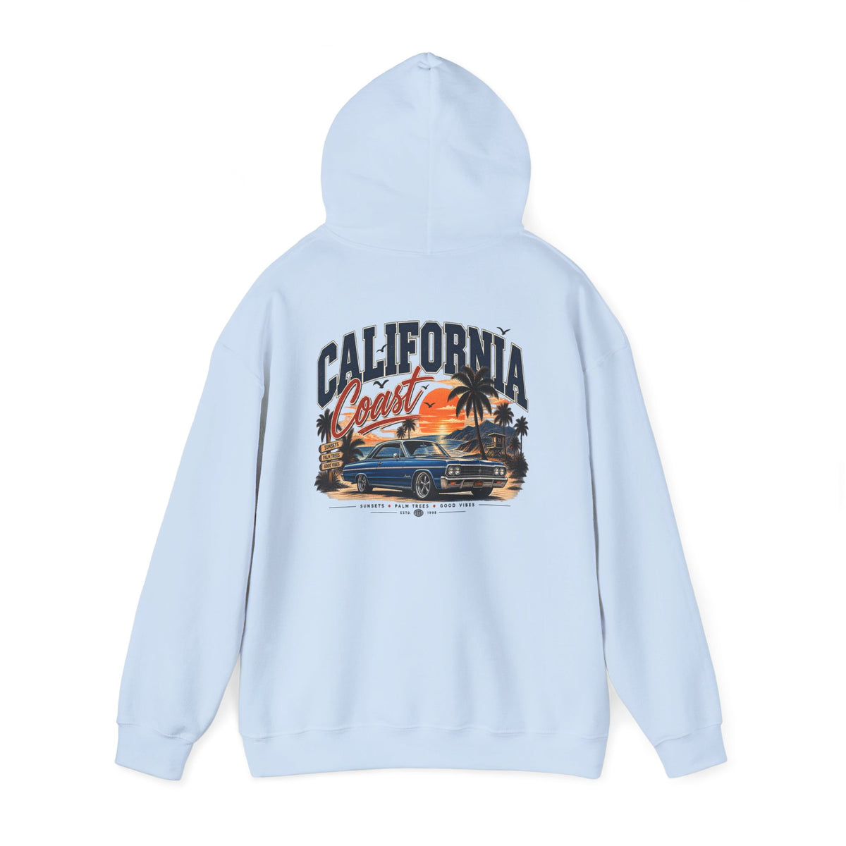 California Coast Hoodie — Vintage Car Sunset Palm Beach Graphic