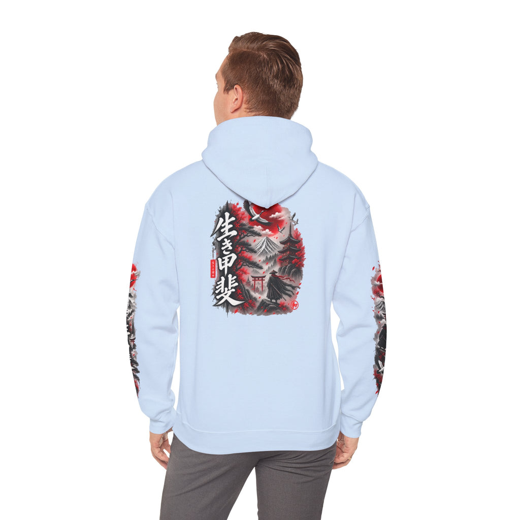Japanese Oni Mask Hoodie – Red & Black Temple Graphic with Kanji Sleeve Art