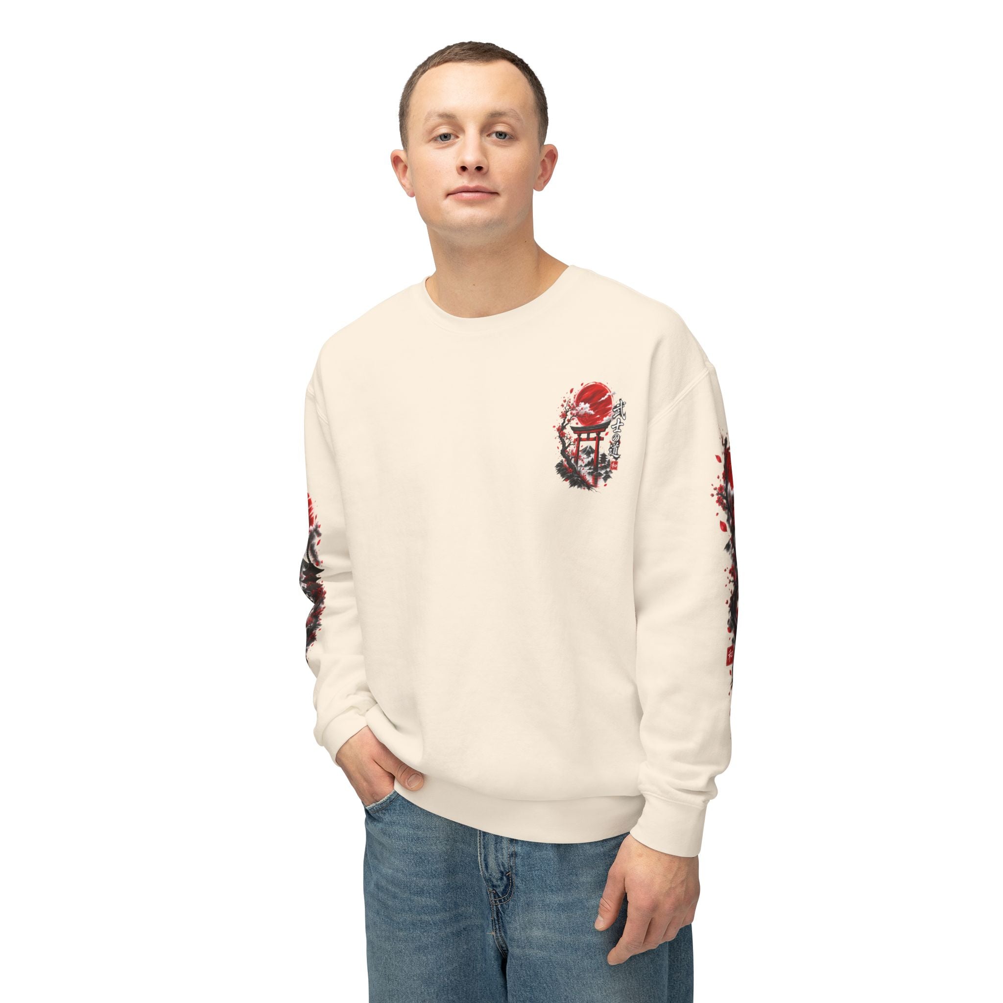 Japanese Samurai Landscape Sweatshirt — Red Sun, Crane & Kanji Crewneck