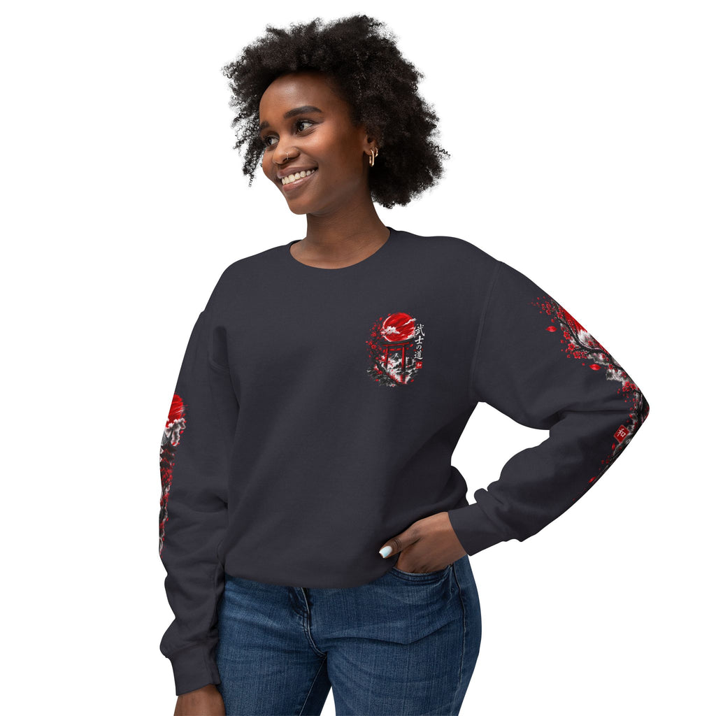 Japanese Samurai Landscape Sweatshirt — Red Sun, Crane & Kanji Crewneck