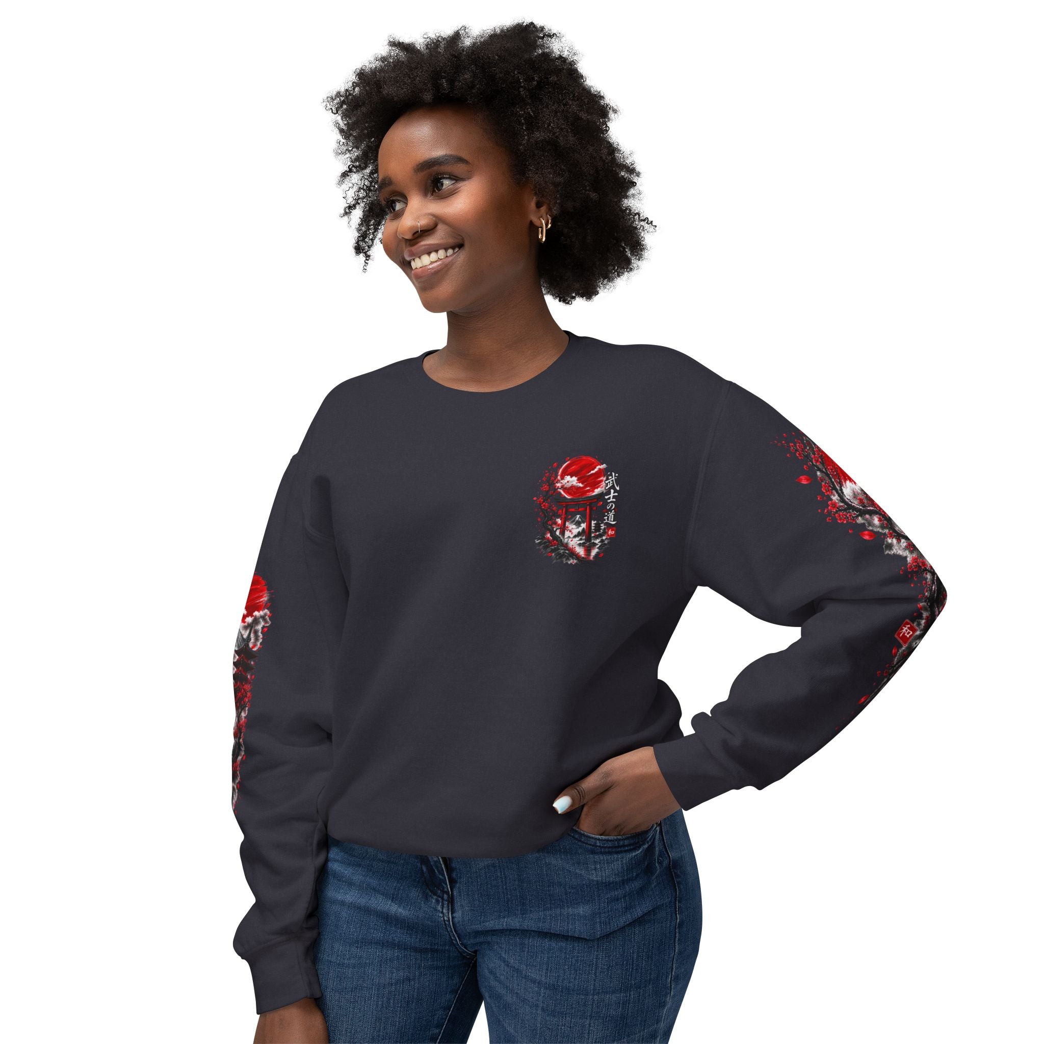 Japanese Samurai Landscape Sweatshirt — Red Sun, Crane & Kanji Crewneck
