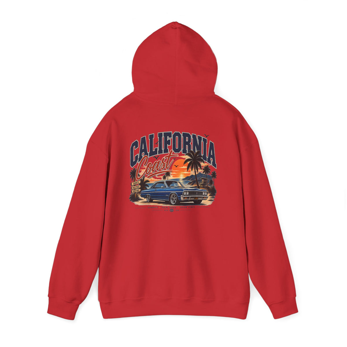 California Coast Hoodie — Vintage Car Sunset Palm Beach Graphic