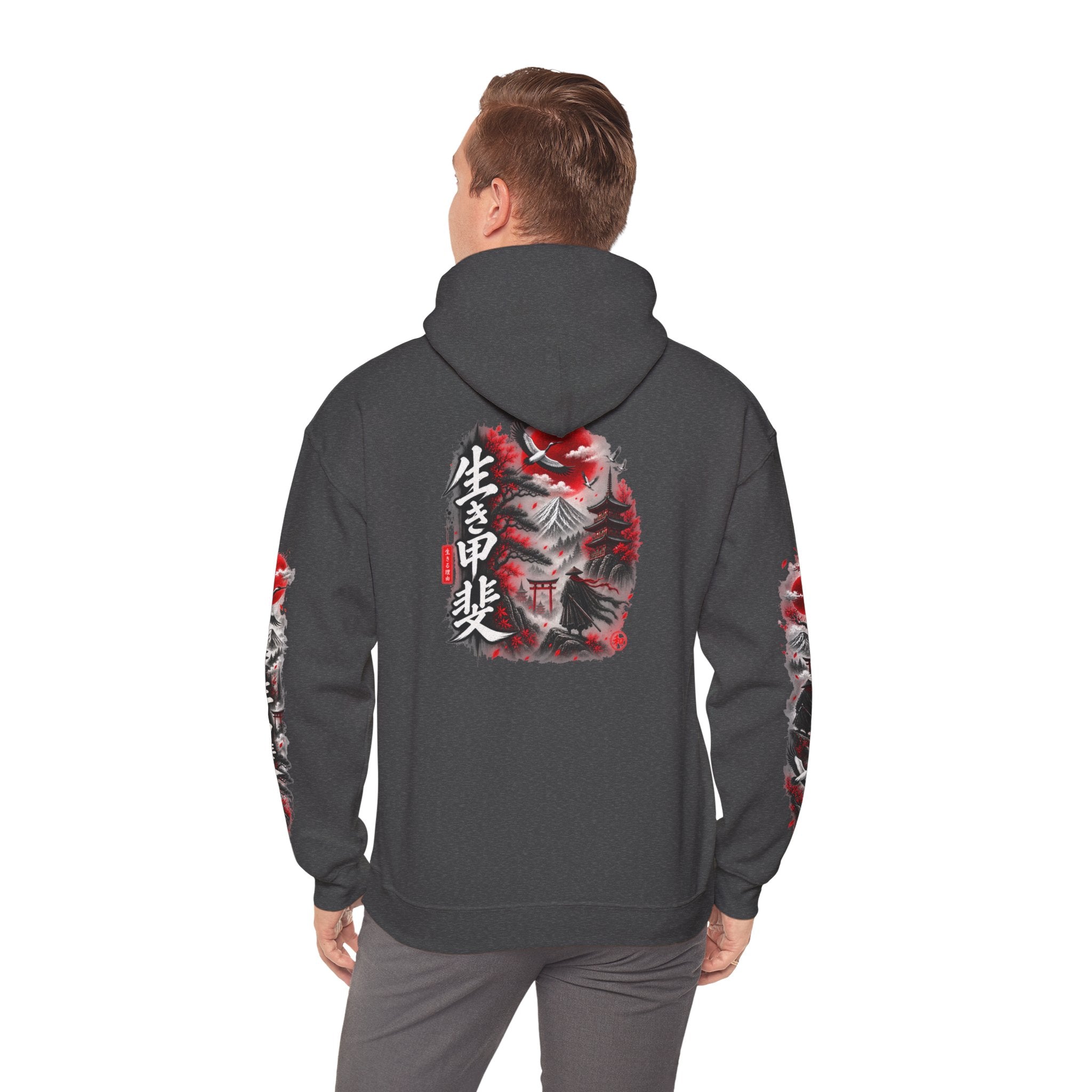 Japanese Oni Mask Hoodie – Red & Black Temple Graphic with Kanji Sleeve Art