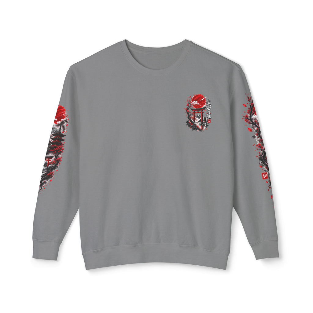 Japanese Samurai Landscape Sweatshirt — Red Sun, Crane & Kanji Crewneck