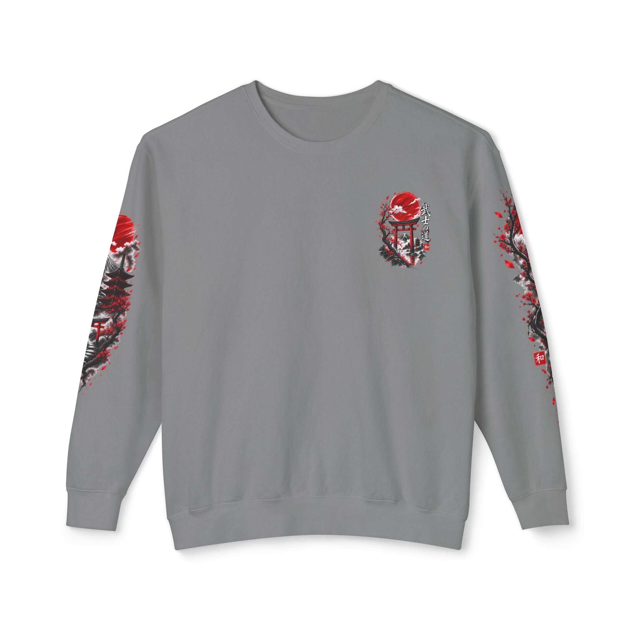 Japanese Samurai Landscape Sweatshirt — Red Sun, Crane & Kanji Crewneck