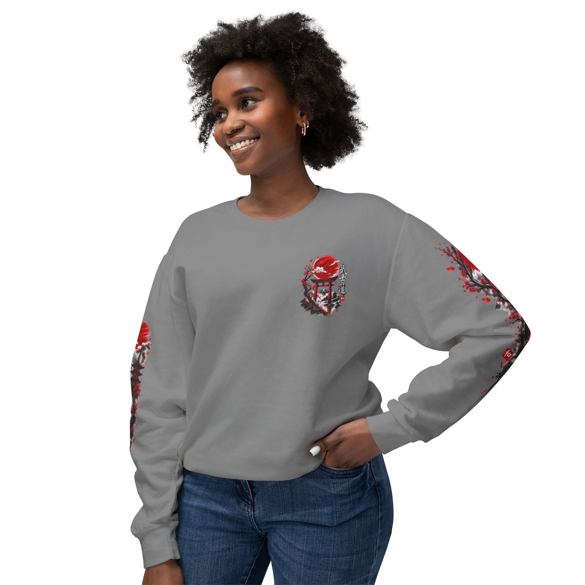 Japanese Samurai Landscape Sweatshirt — Red Sun, Crane & Kanji Crewneck