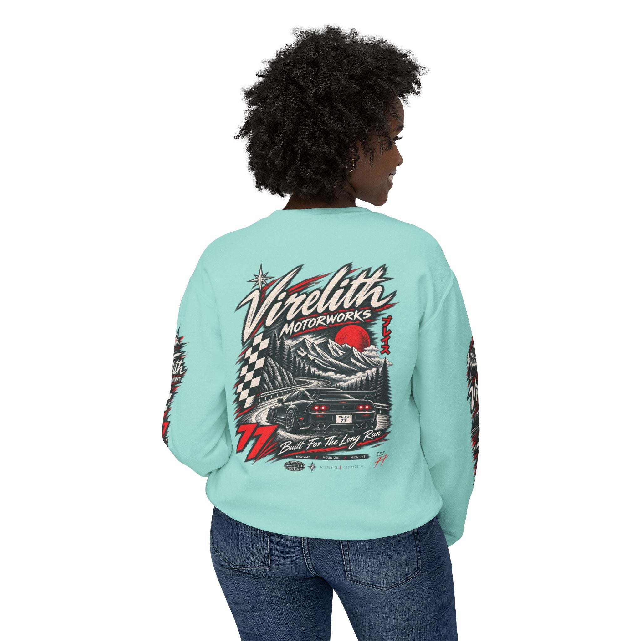 Motorworks Racing Crewneck Sweatshirt | Vintage Sleeve Graphic