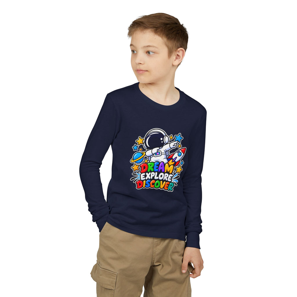 Youth Long Sleeve Tee — 'Dream Explore Discover' Colorful Space Kids Shirt