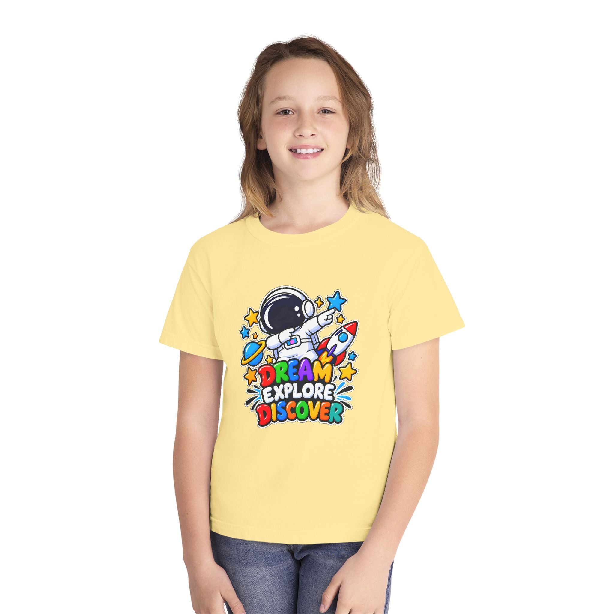 Youth Space Adventure Tee – “Dream Explore Discover / Small Steps Big Future”