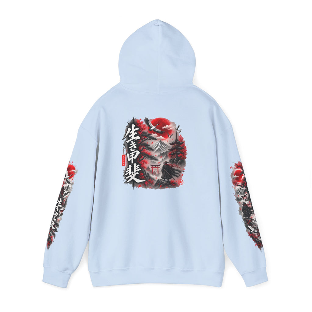 Japanese Oni Mask Hoodie – Red & Black Temple Graphic with Kanji Sleeve Art