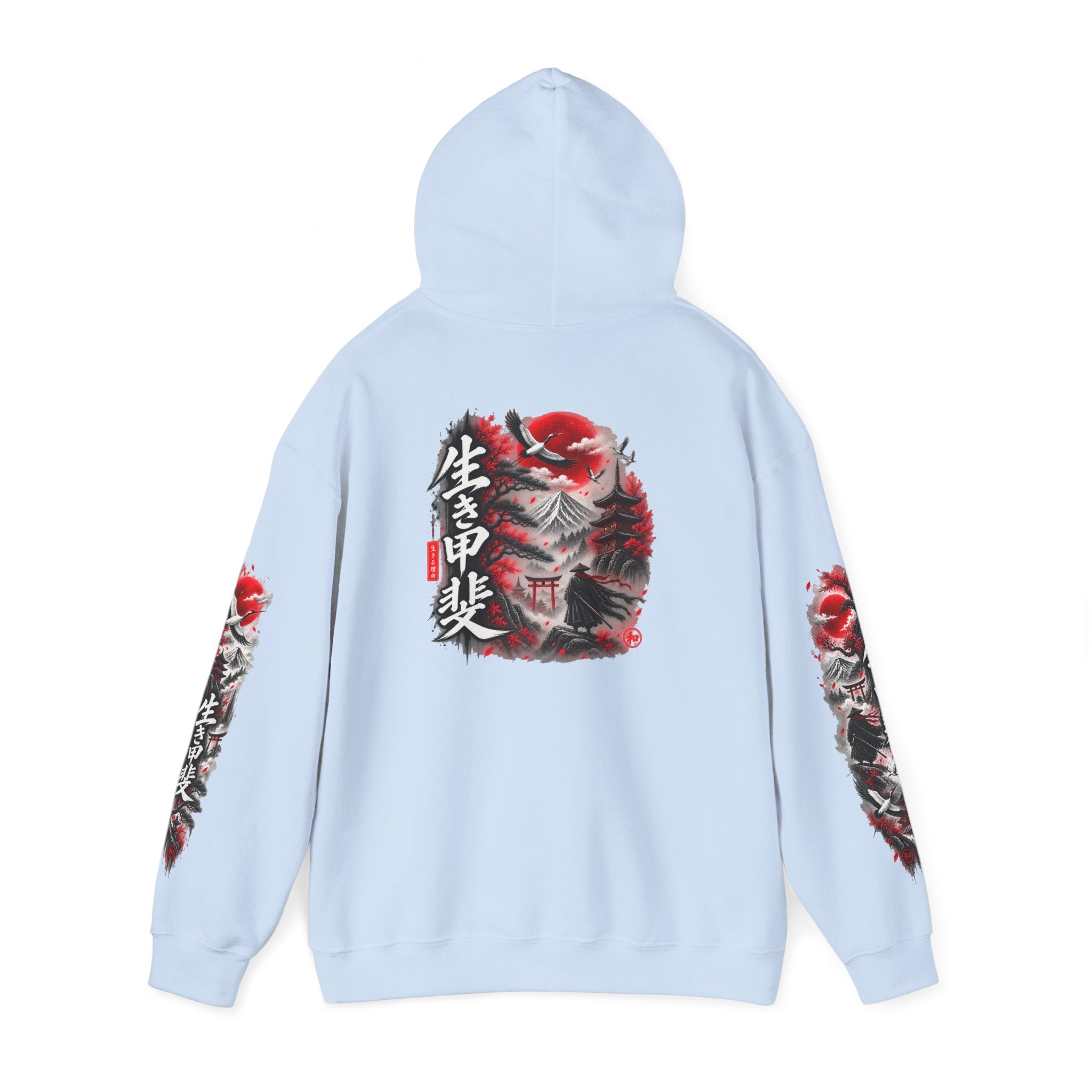 Japanese Oni Mask Hoodie – Red & Black Temple Graphic with Kanji Sleeve Art