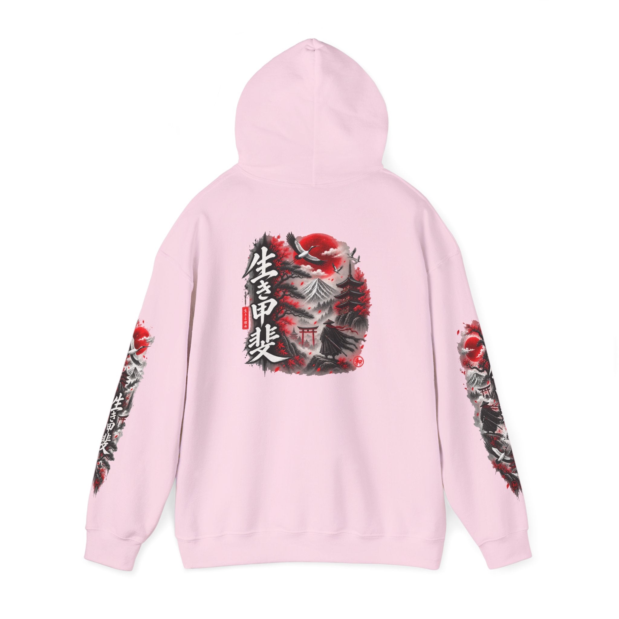 Japanese Oni Mask Hoodie – Red & Black Temple Graphic with Kanji Sleeve Art