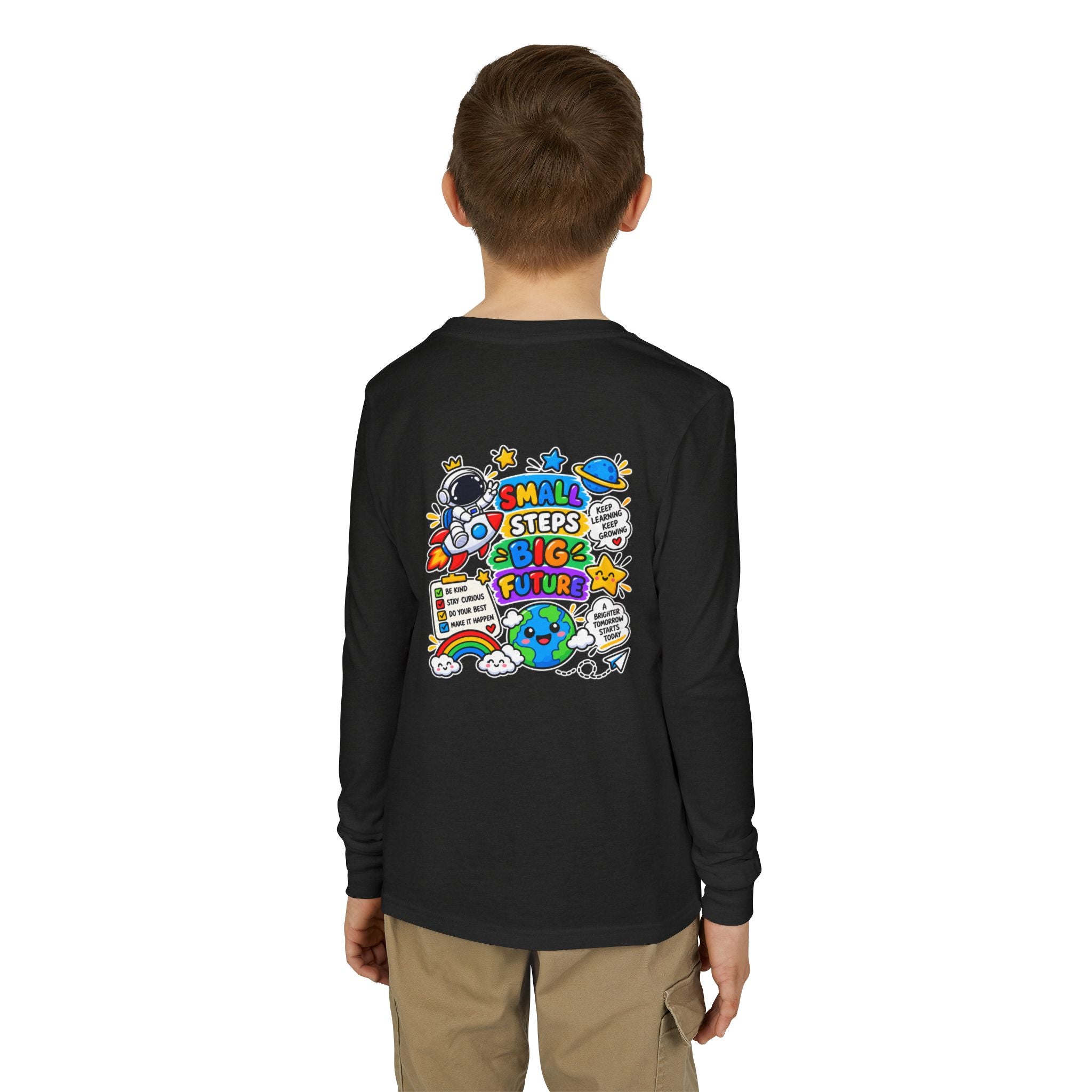 Youth Long Sleeve Tee — 'Dream Explore Discover' Colorful Space Kids Shirt