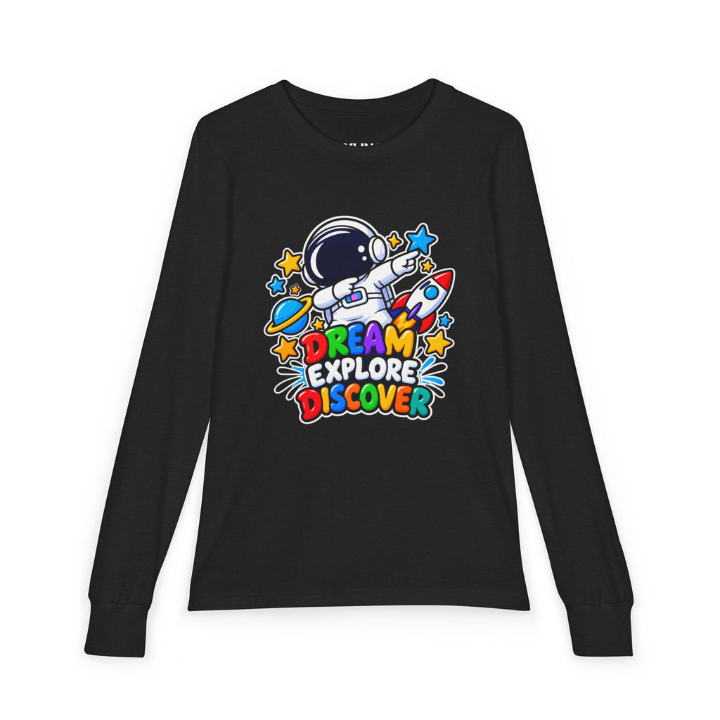 Youth Long Sleeve Tee — 'Dream Explore Discover' Colorful Space Kids Shirt