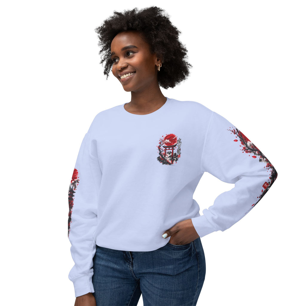 Japanese Samurai Landscape Sweatshirt — Red Sun, Crane & Kanji Crewneck