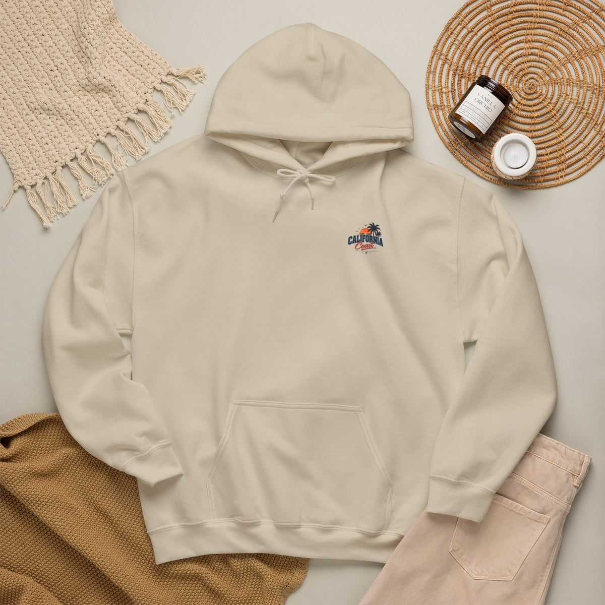 California Coast Hoodie — Vintage Car Sunset Palm Beach Graphic