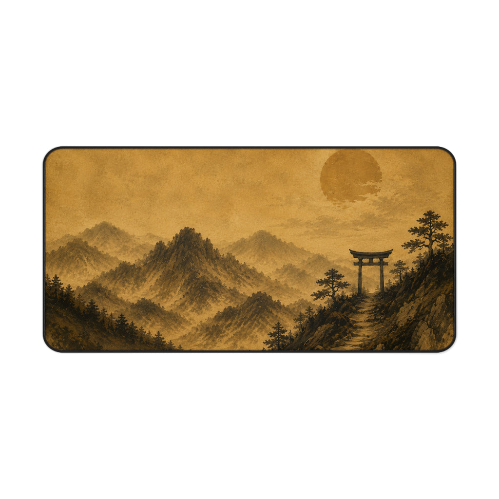 Japanese Torii Mountain Desk Mat — Vintage Sepia Landscape Gaming Mousepad