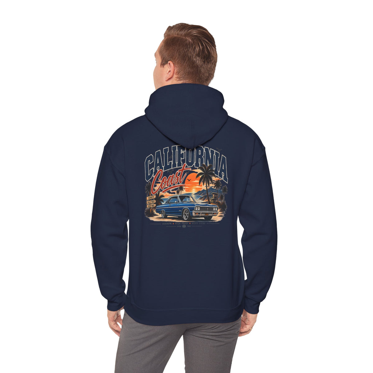California Coast Hoodie — Vintage Car Sunset Palm Beach Graphic