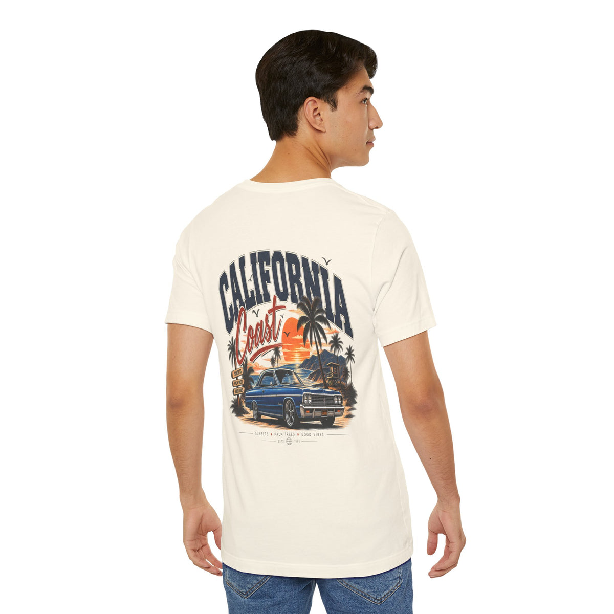 California Coast Pocket Tee — Retro Palm Surf Graphic