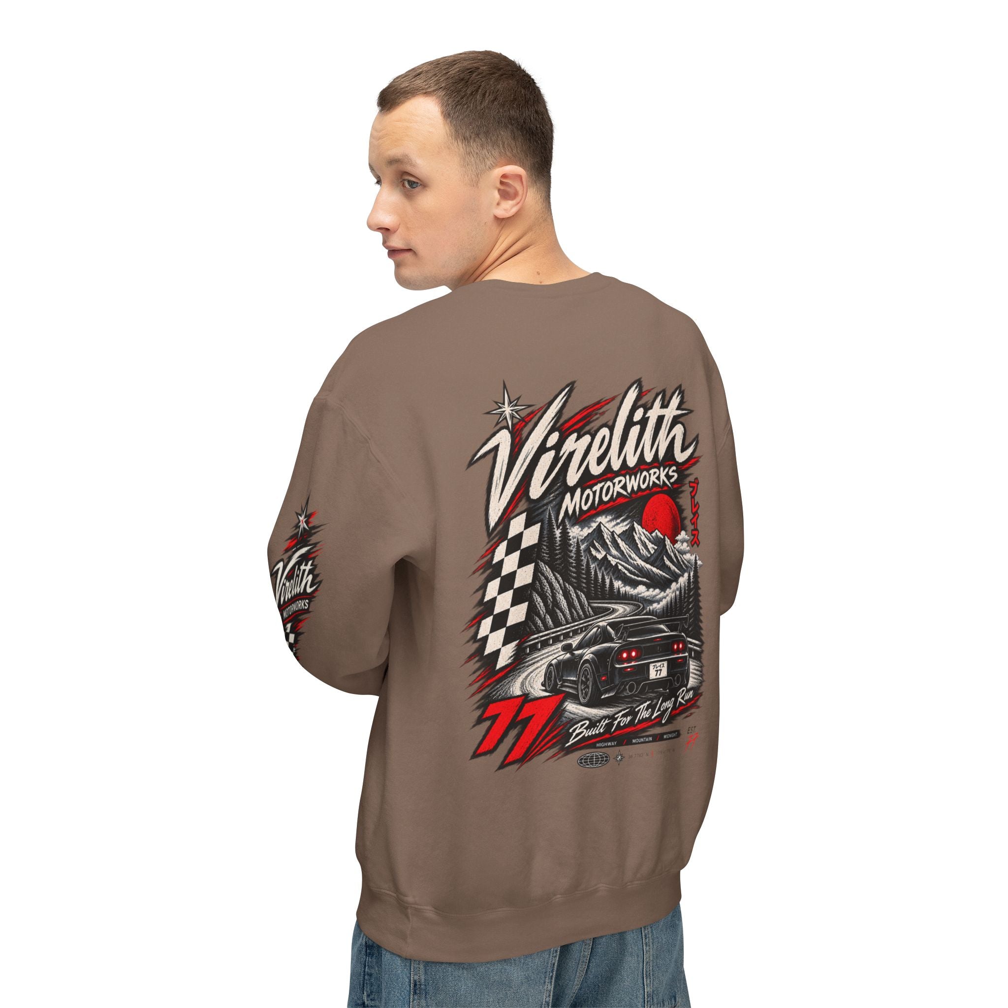 Motorworks Racing Crewneck Sweatshirt | Vintage Sleeve Graphic