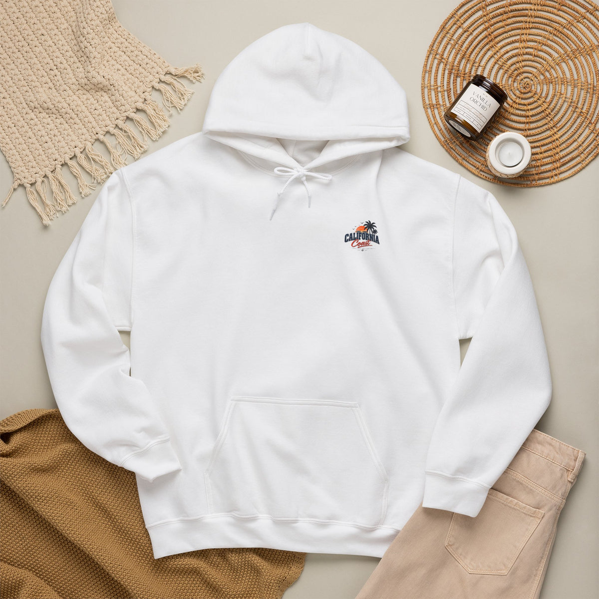 California Coast Hoodie — Vintage Car Sunset Palm Beach Graphic
