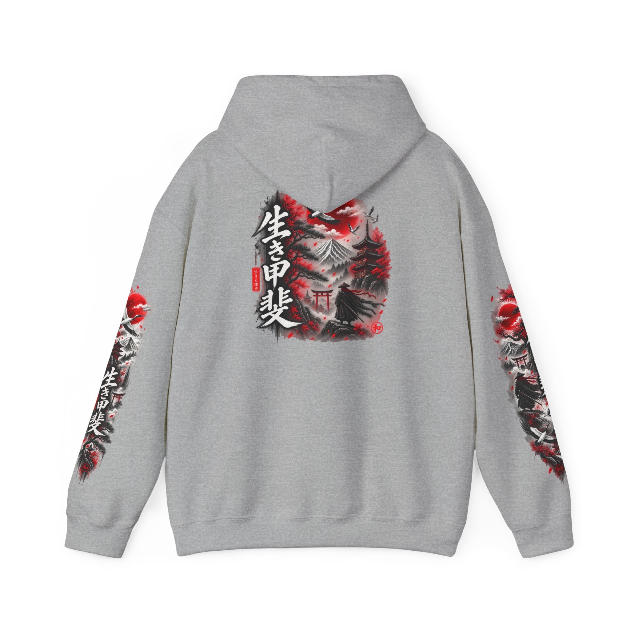 Japanese Oni Mask Hoodie – Red & Black Temple Graphic with Kanji Sleeve Art