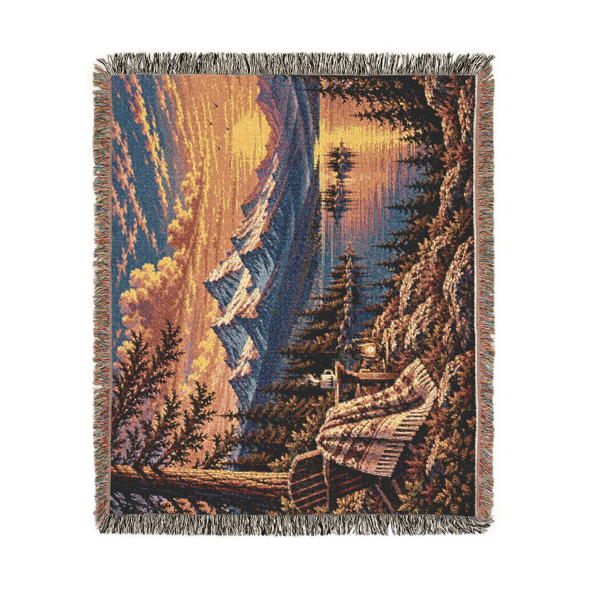 Mountain Lake Woven Blanket — Sunset Scenic Throw for Cabin, Camping & Cozy Home Decor