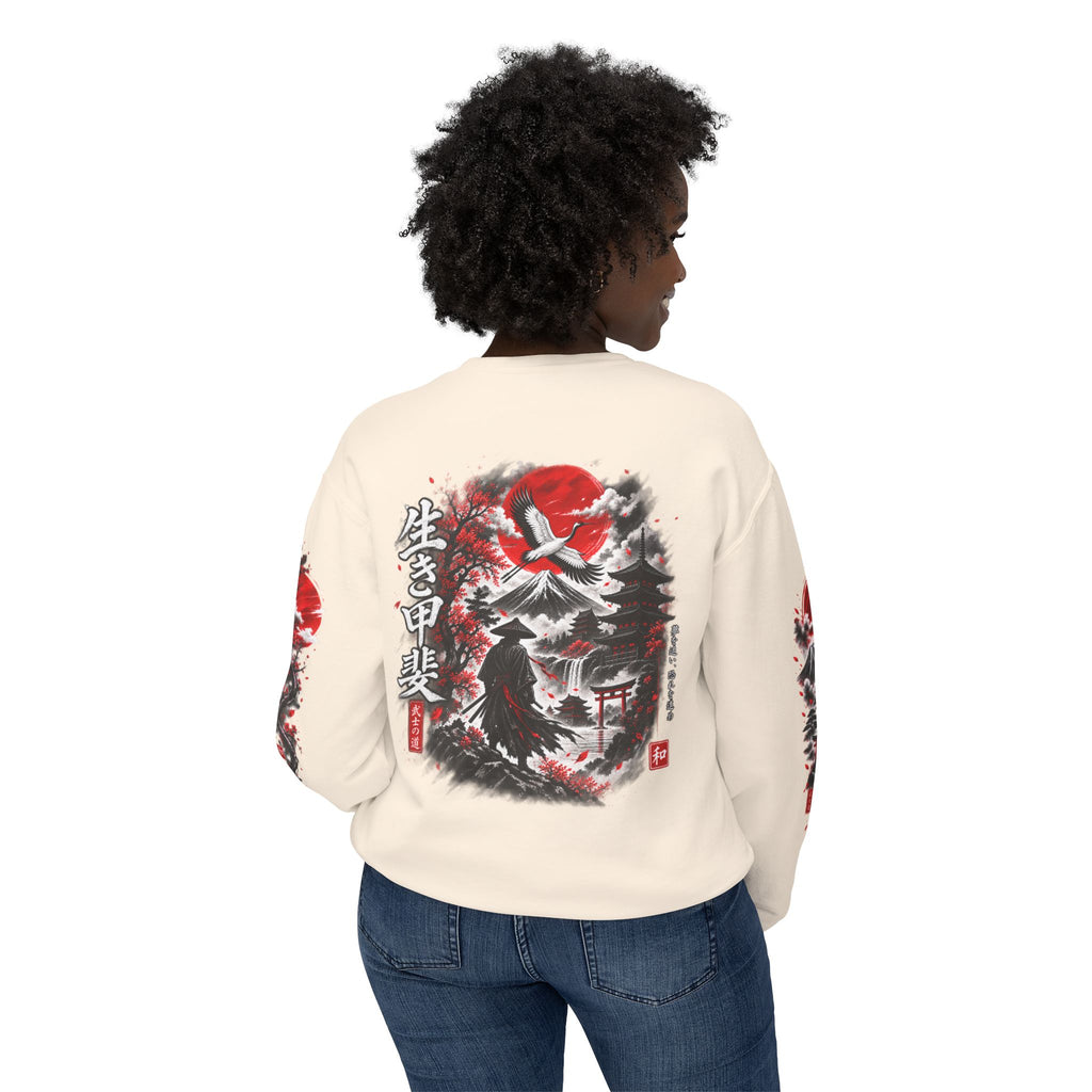 Japanese Samurai Landscape Sweatshirt — Red Sun, Crane & Kanji Crewneck