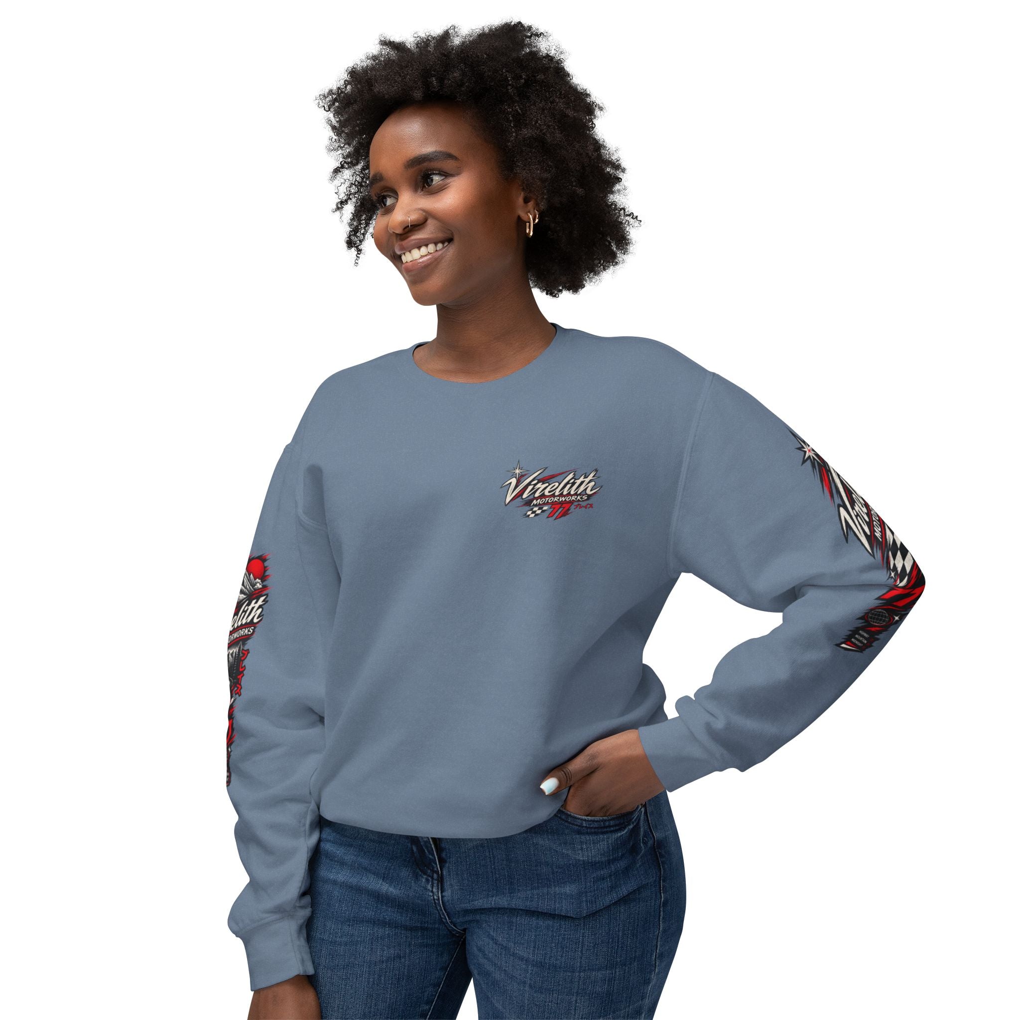 Motorworks Racing Crewneck Sweatshirt | Vintage Sleeve Graphic