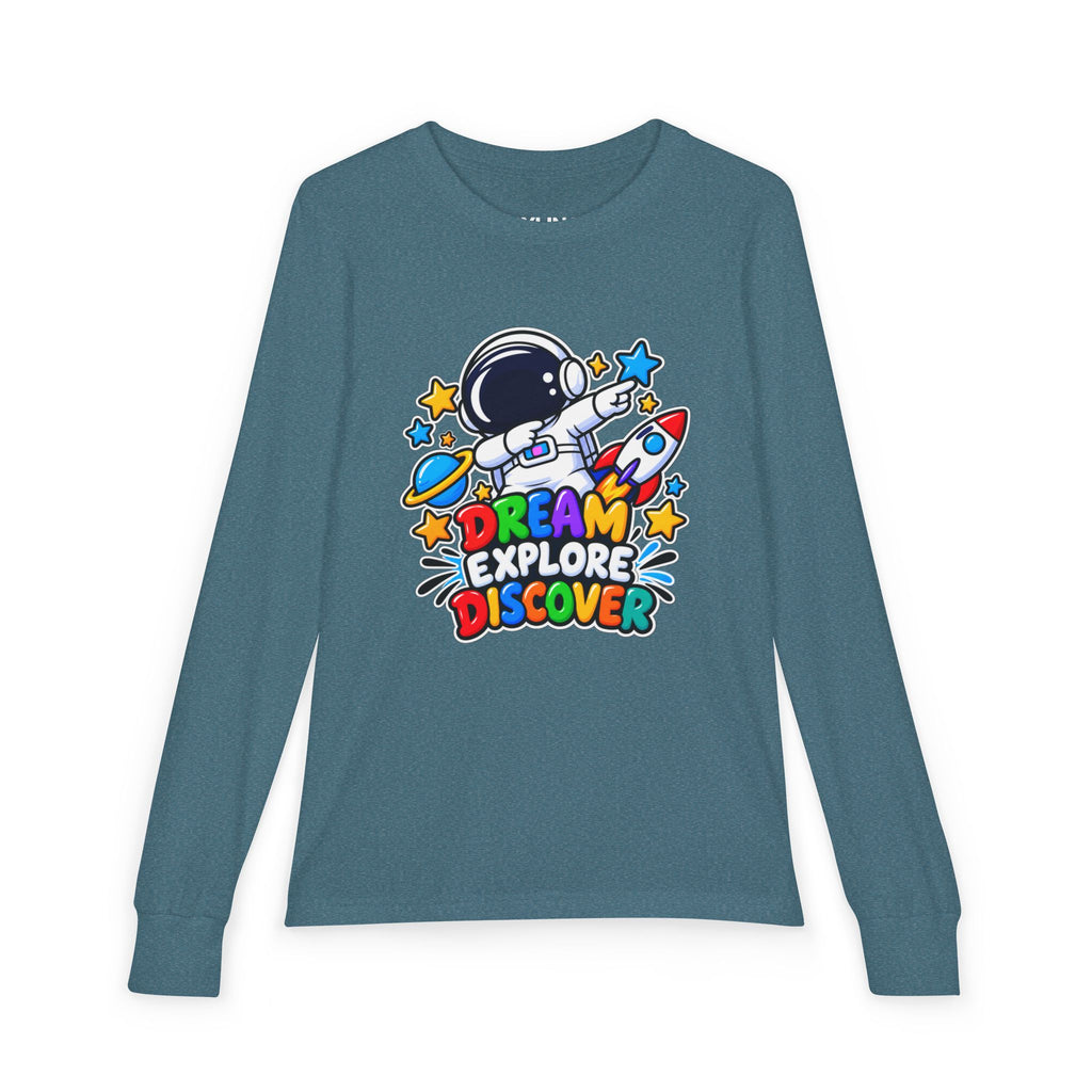 Youth Long Sleeve Tee — 'Dream Explore Discover' Colorful Space Kids Shirt