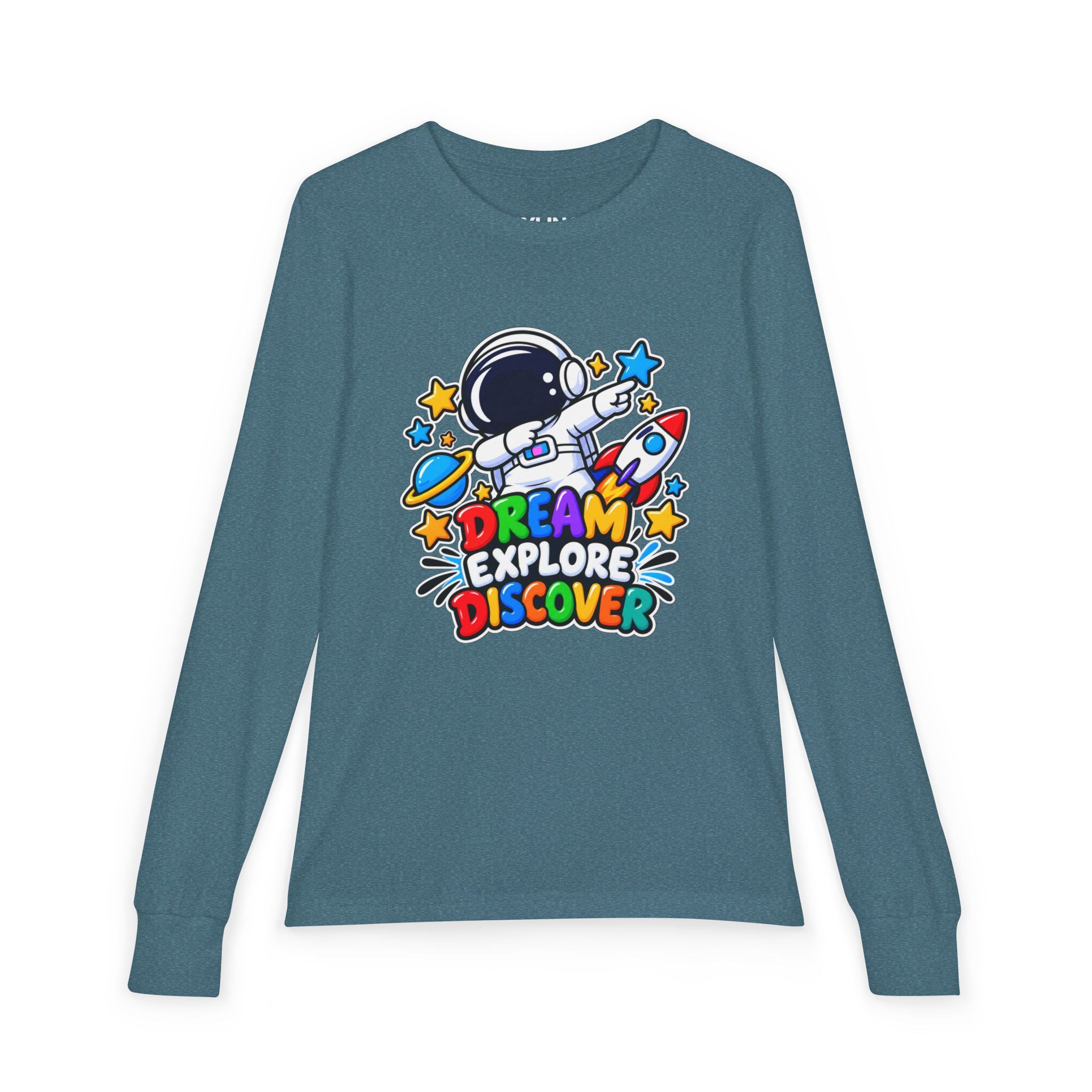 Youth Long Sleeve Tee — 'Dream Explore Discover' Colorful Space Kids Shirt