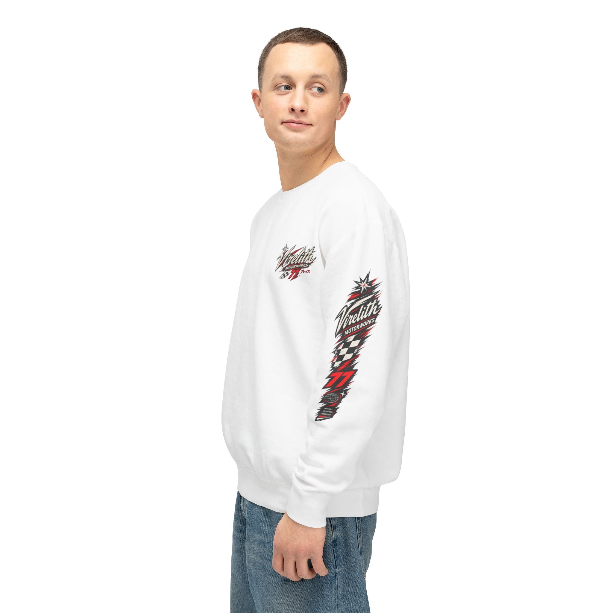 Motorworks Racing Crewneck Sweatshirt | Vintage Sleeve Graphic