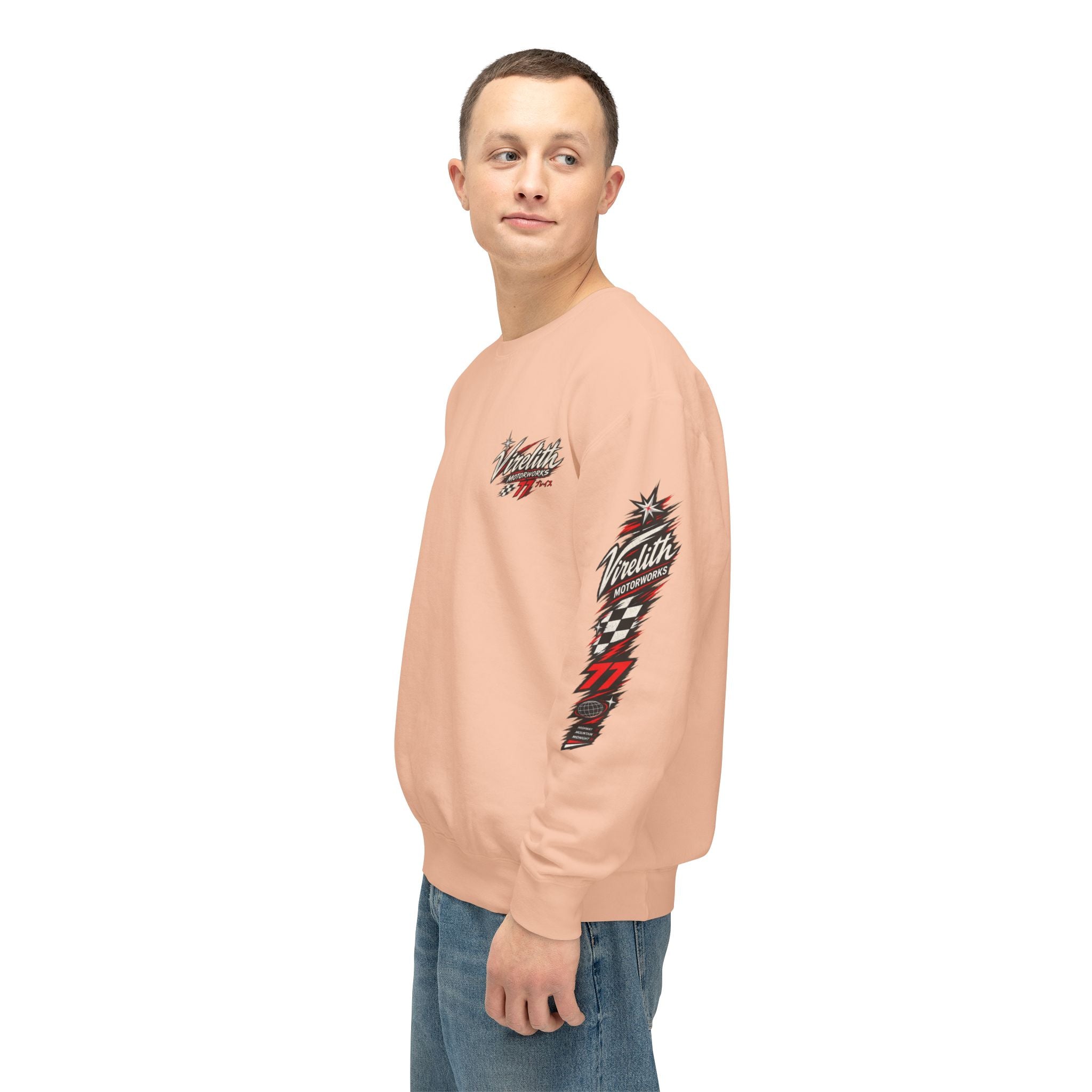 Motorworks Racing Crewneck Sweatshirt | Vintage Sleeve Graphic