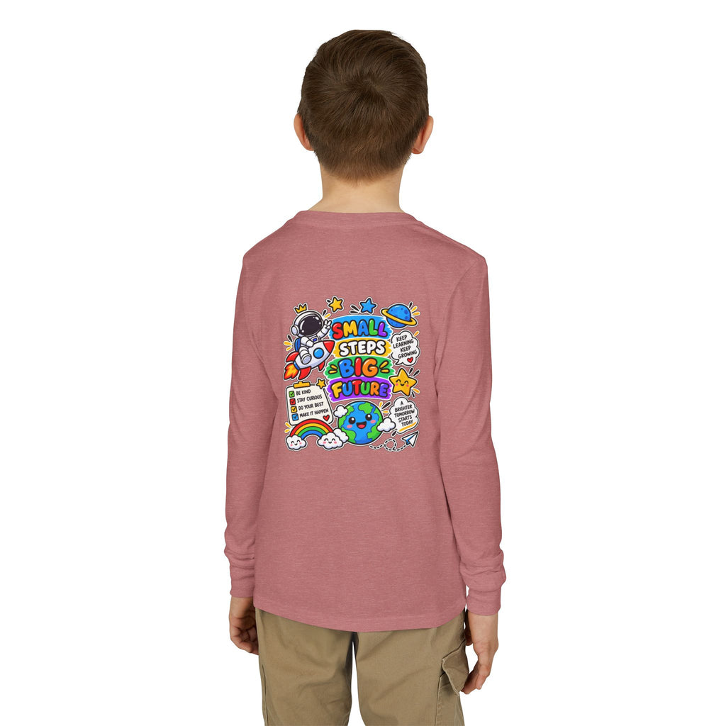 Youth Long Sleeve Tee — 'Dream Explore Discover' Colorful Space Kids Shirt
