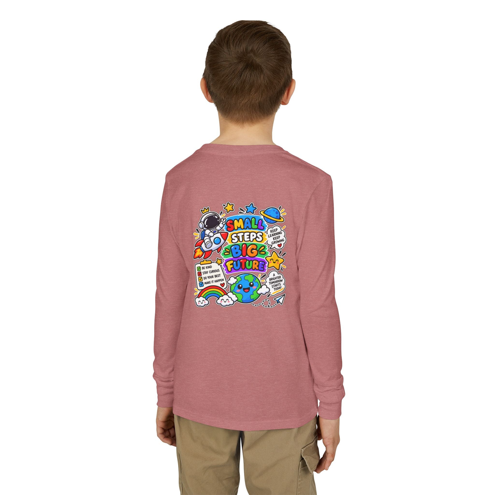 Youth Long Sleeve Tee — 'Dream Explore Discover' Colorful Space Kids Shirt