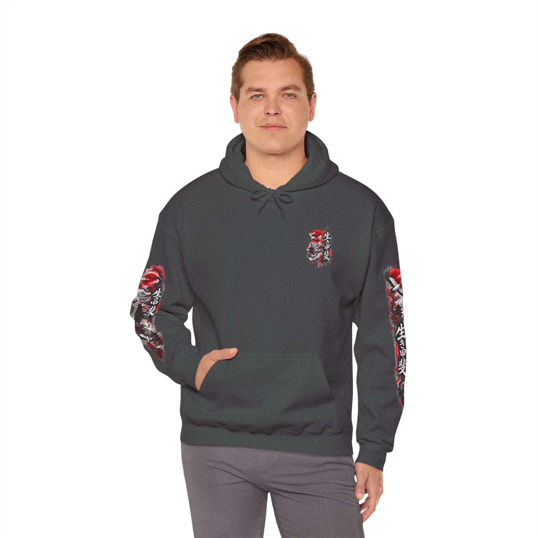 Japanese Oni Mask Hoodie – Red & Black Temple Graphic with Kanji Sleeve Art
