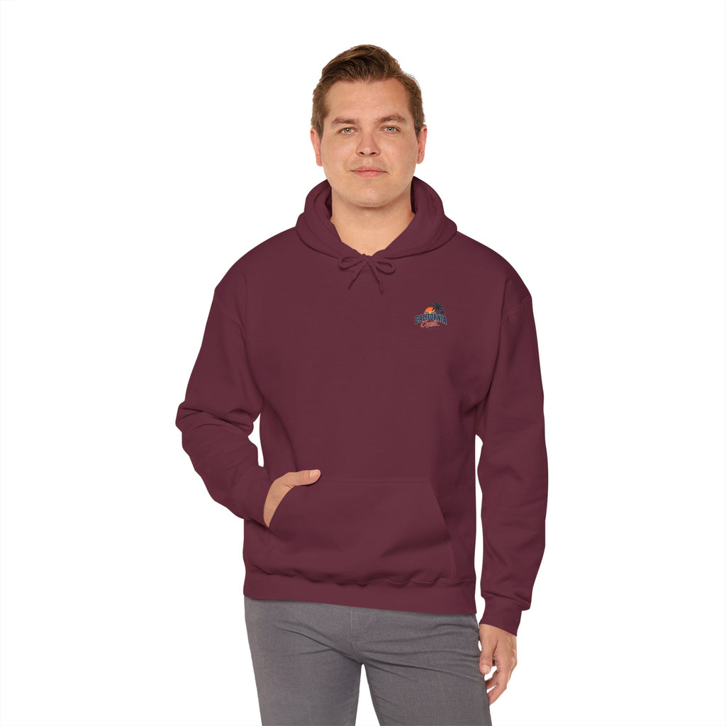 California Coast Hoodie — Vintage Car Sunset Palm Beach Graphic