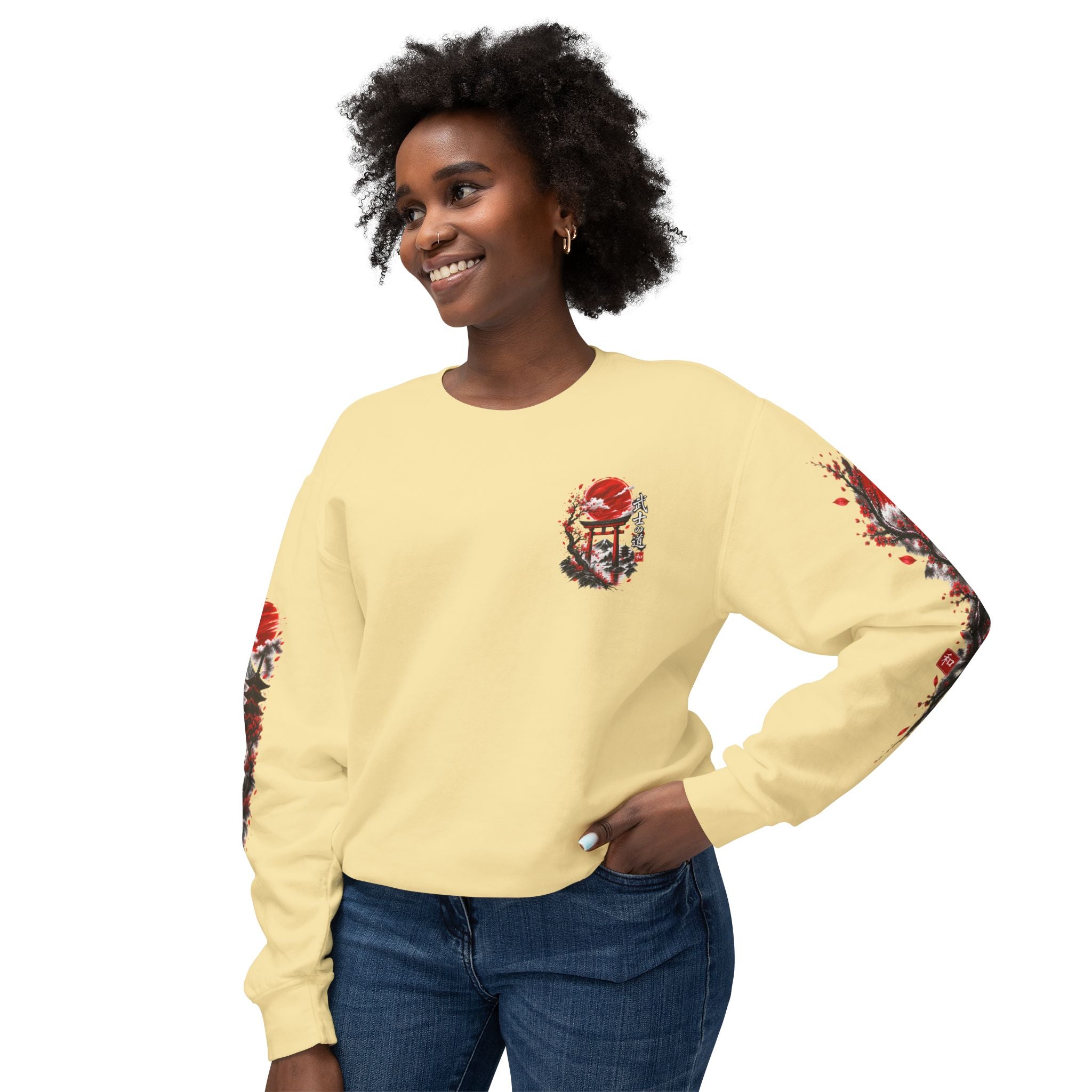 Japanese Samurai Landscape Sweatshirt — Red Sun, Crane & Kanji Crewneck