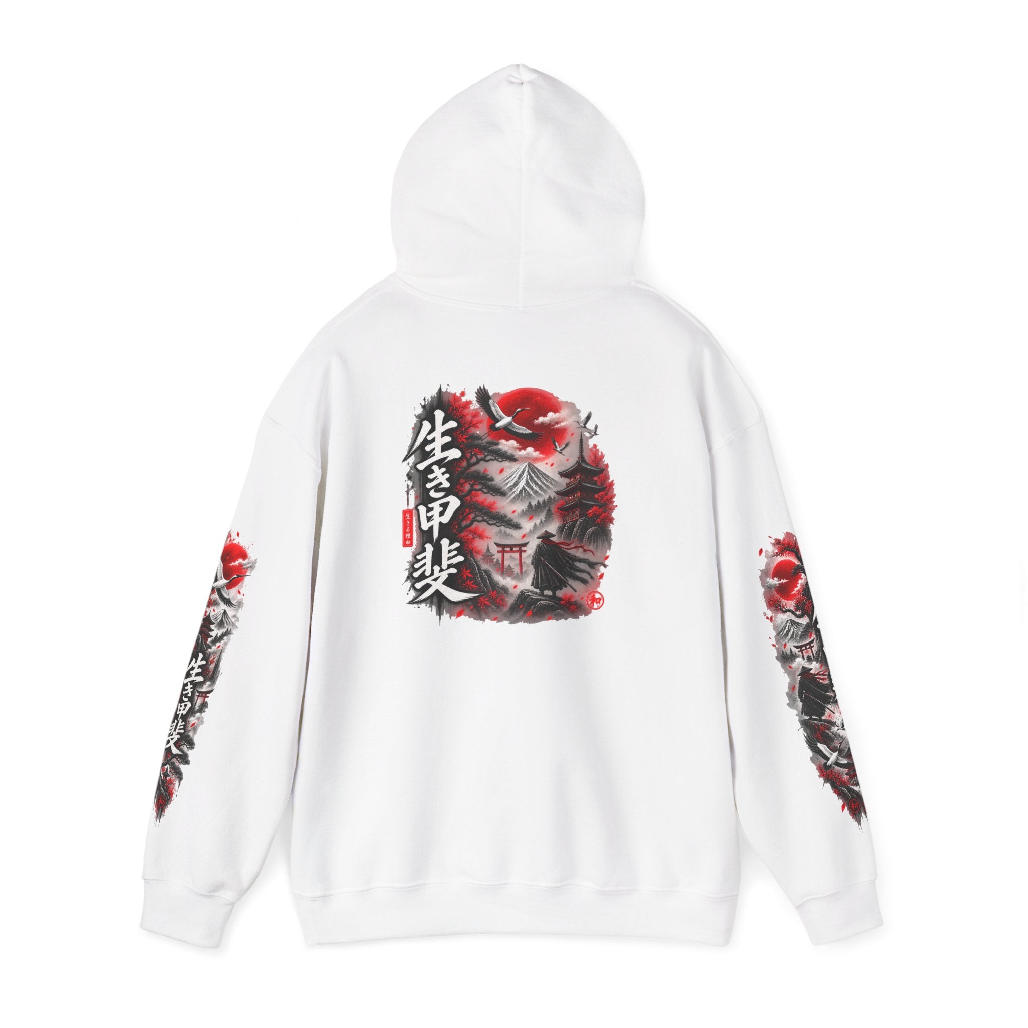 Japanese Oni Mask Hoodie – Red & Black Temple Graphic with Kanji Sleeve Art