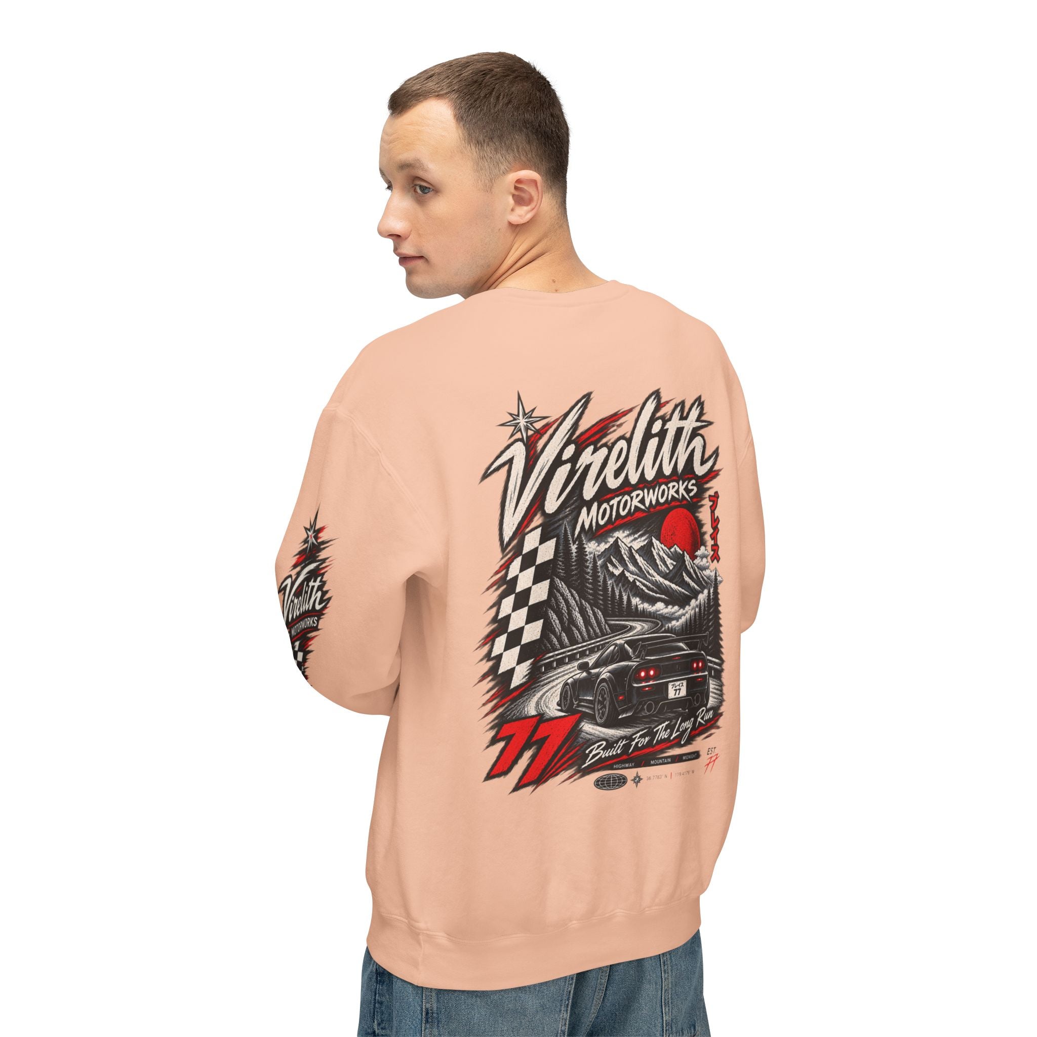 Motorworks Racing Crewneck Sweatshirt | Vintage Sleeve Graphic