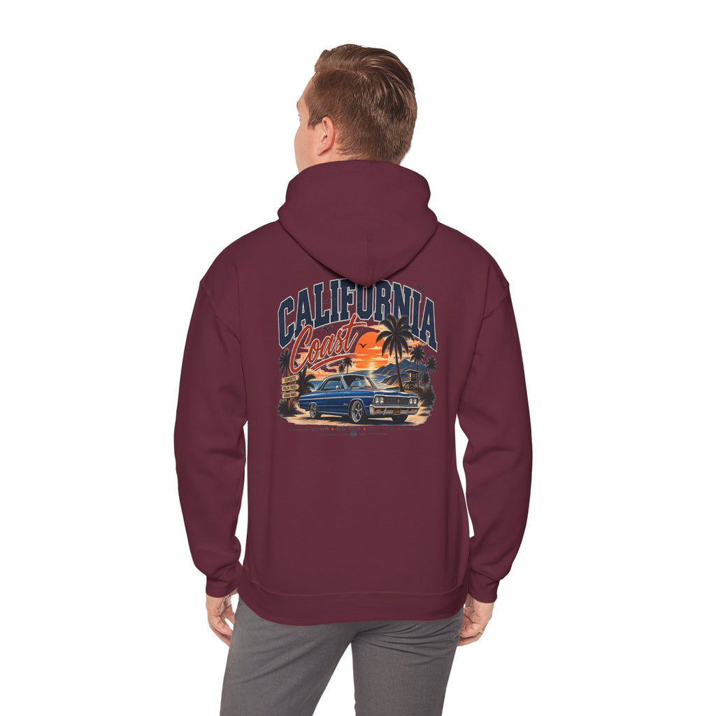 California Coast Hoodie — Vintage Car Sunset Palm Beach Graphic