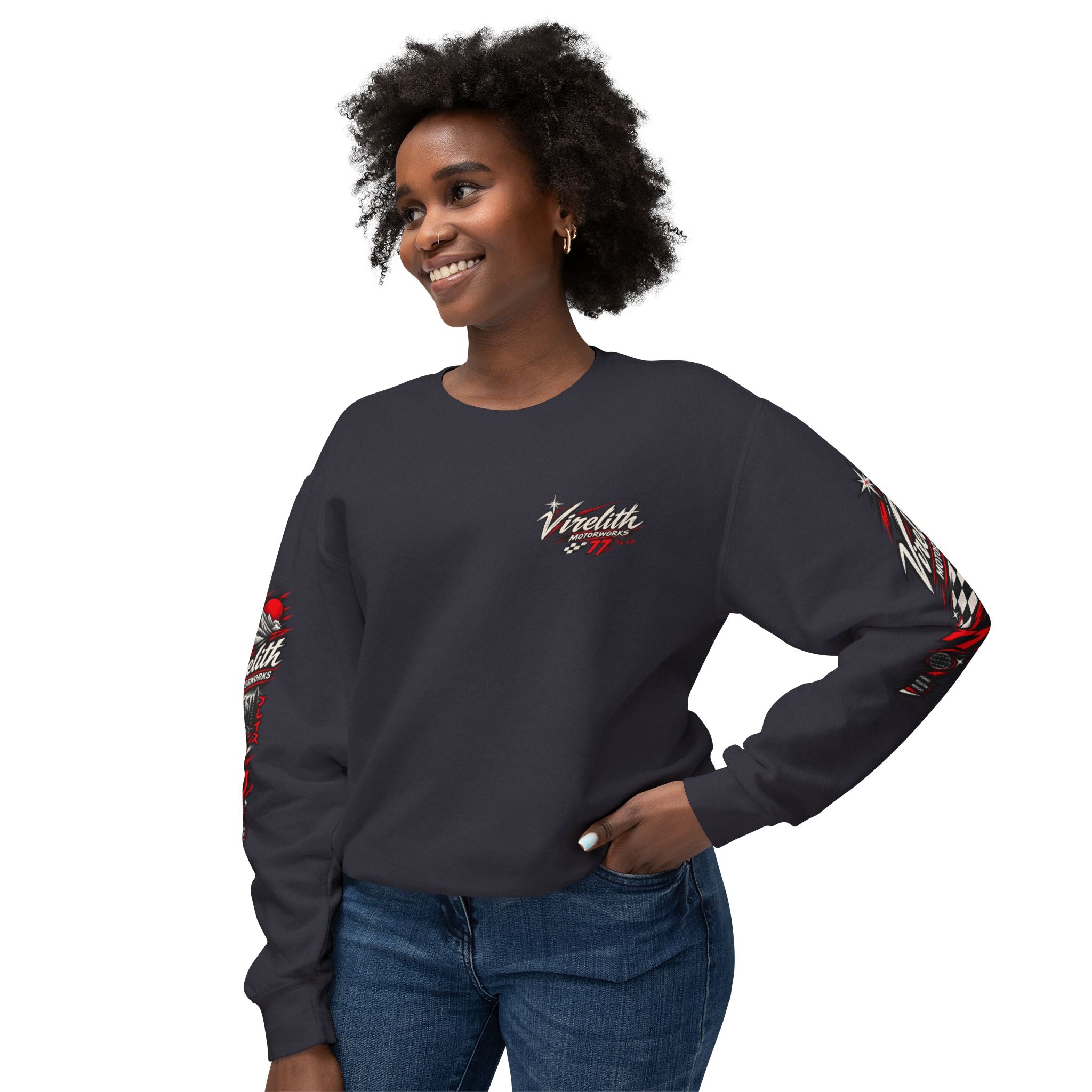 Motorworks Racing Crewneck Sweatshirt | Vintage Sleeve Graphic