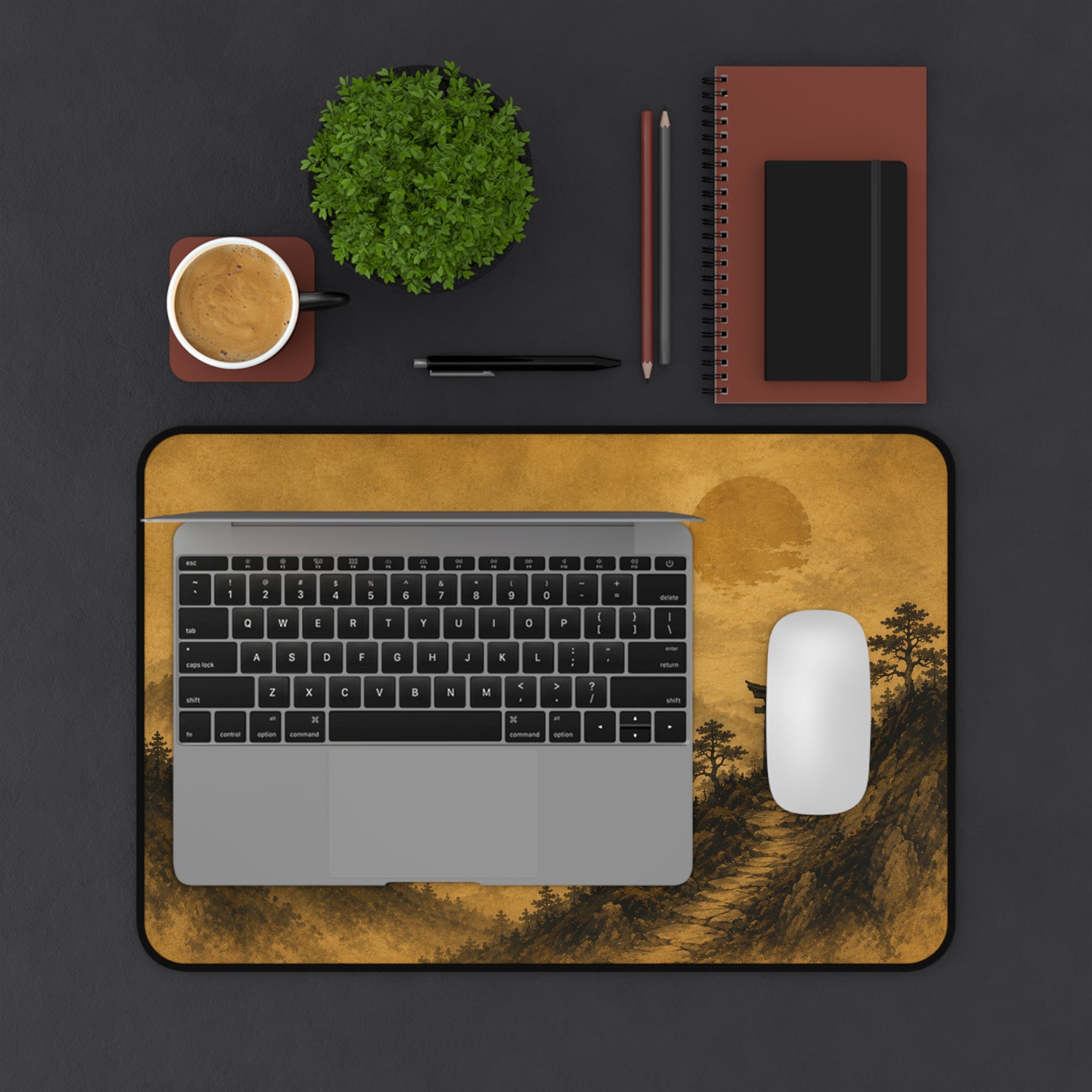 Japanese Torii Mountain Desk Mat — Vintage Sepia Landscape Gaming Mousepad