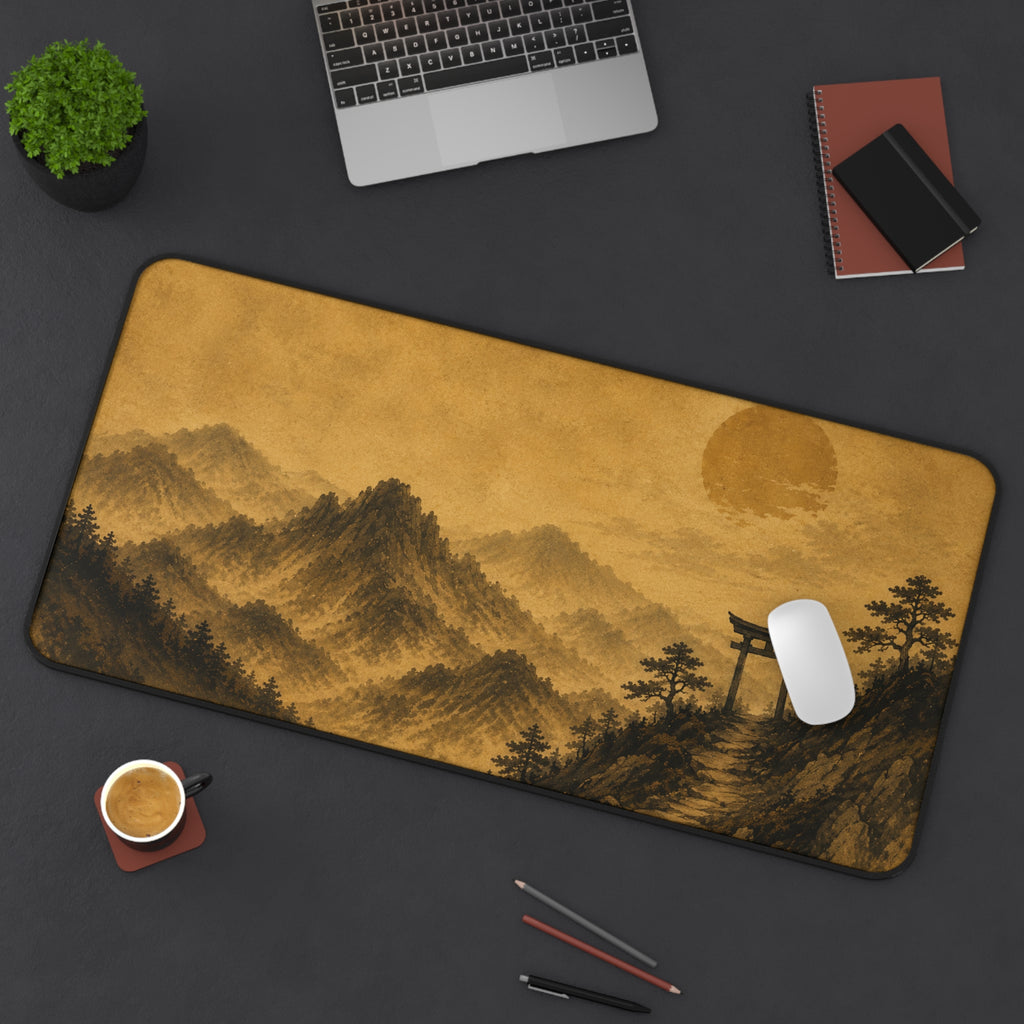 Japanese Torii Mountain Desk Mat — Vintage Sepia Landscape Gaming Mousepad