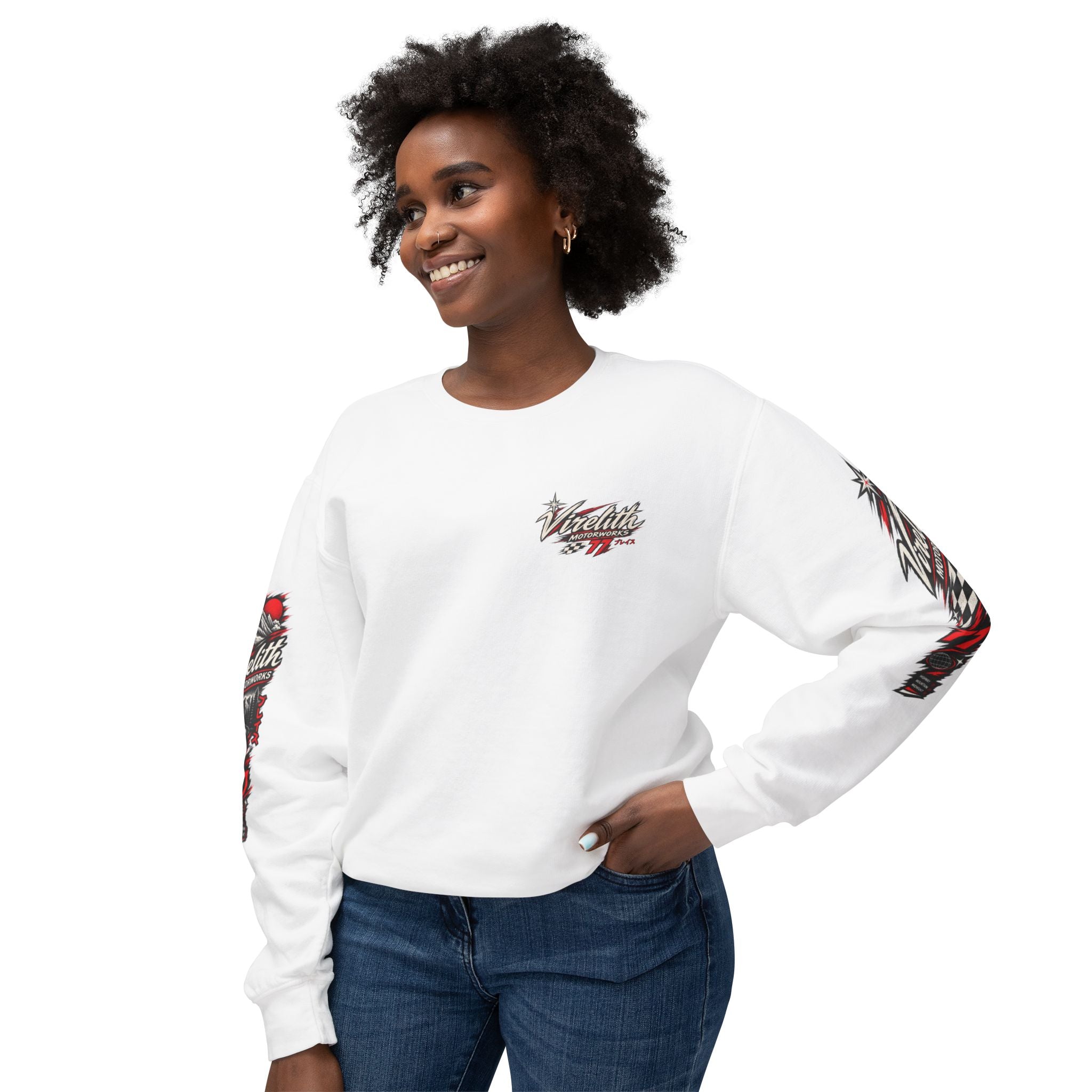 Motorworks Racing Crewneck Sweatshirt | Vintage Sleeve Graphic