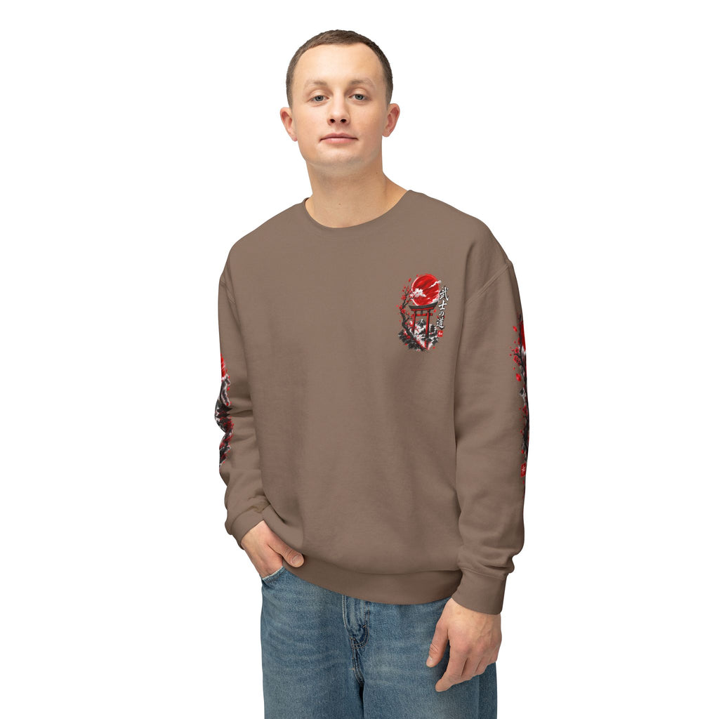 Japanese Samurai Landscape Sweatshirt — Red Sun, Crane & Kanji Crewneck