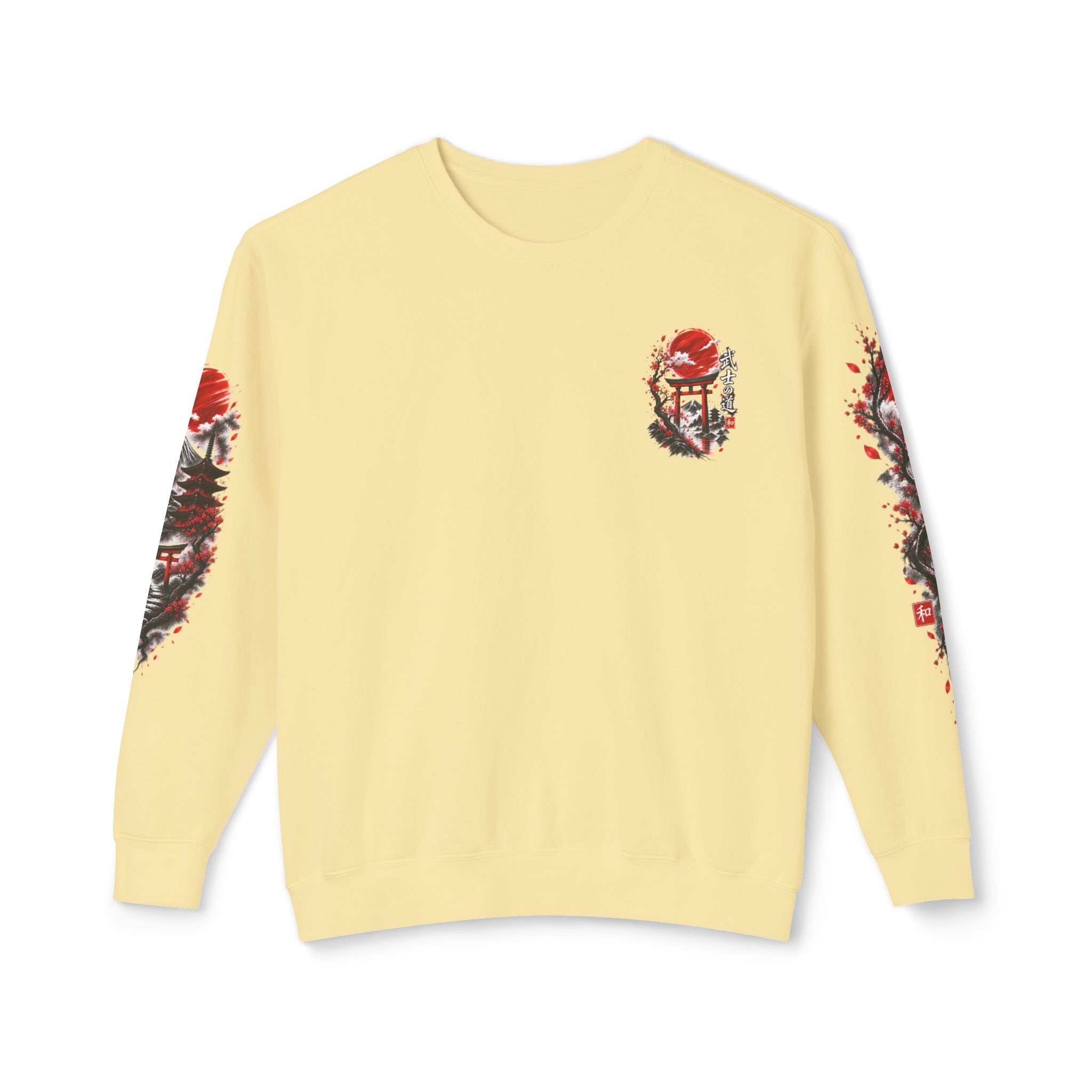 Japanese Samurai Landscape Sweatshirt — Red Sun, Crane & Kanji Crewneck